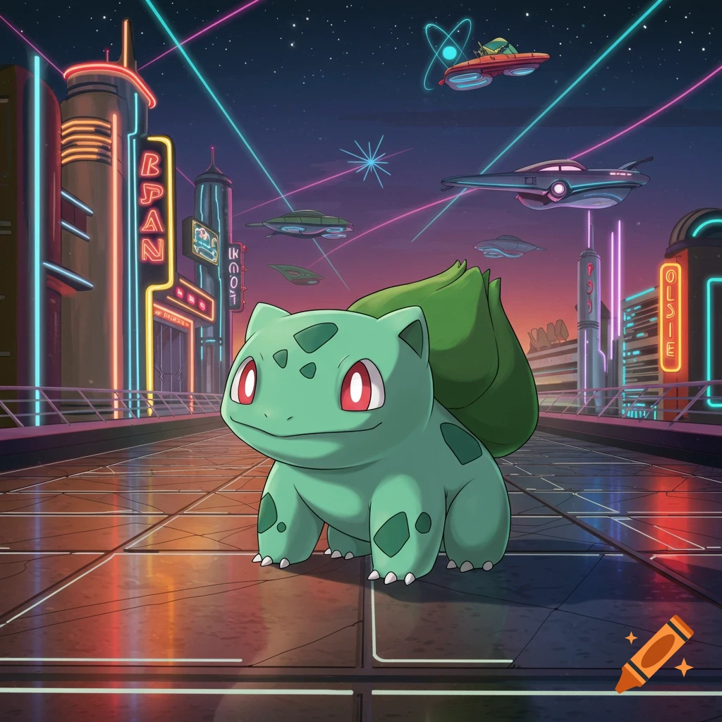A cartoon Bulbasaur stands on a street in a retrofuturistic city with neon-lit buildings and flying vehicles in the night sky.