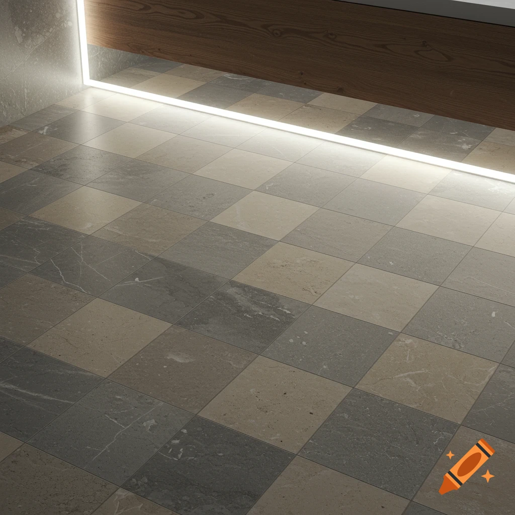 Photorealistic image of a checkered limestone floor with light and dark square tiles next to a wooden wall and linear lighting.