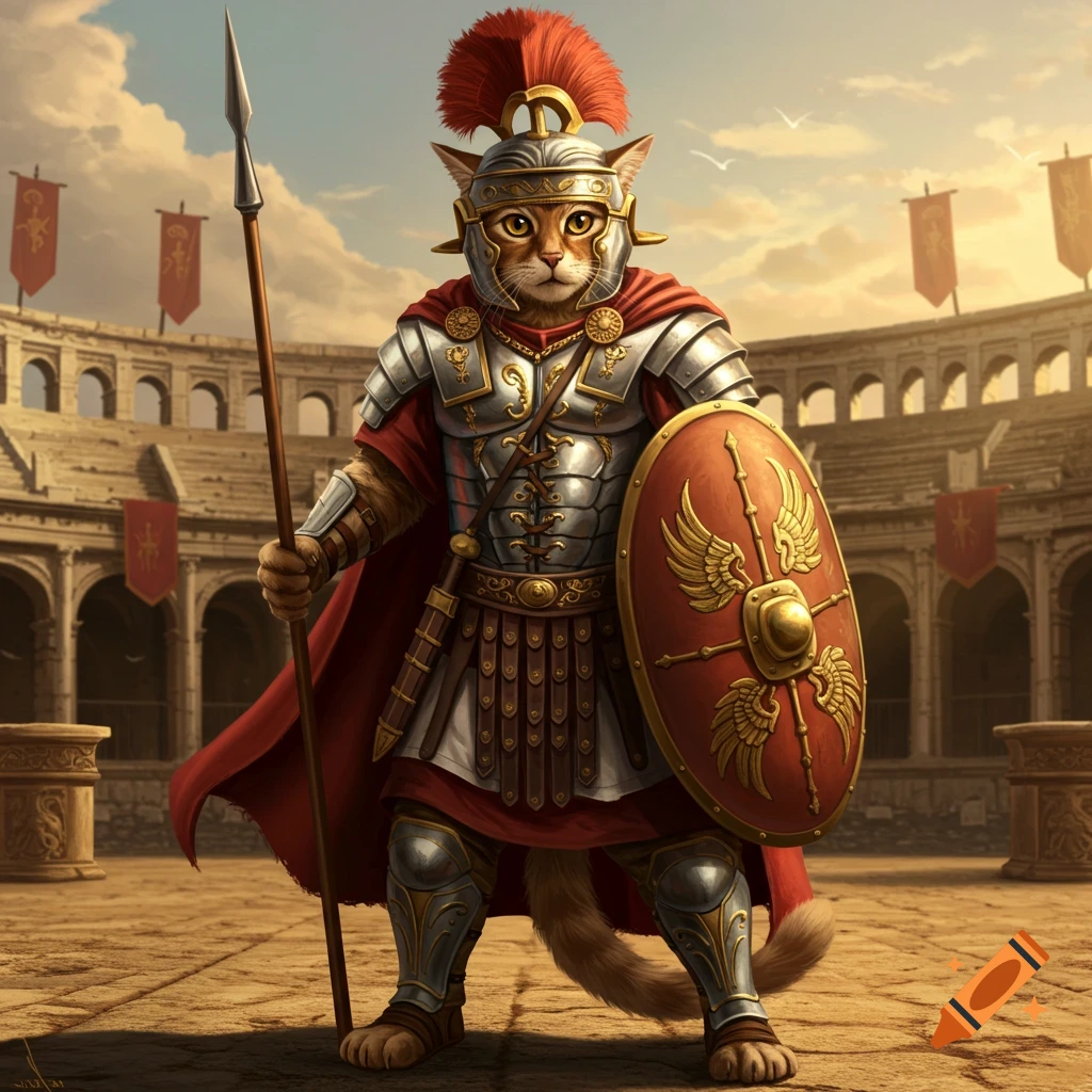 An anthropomorphic cat in full Roman legionary armor, holding a spear and shield, stands in a coliseum-like arena.