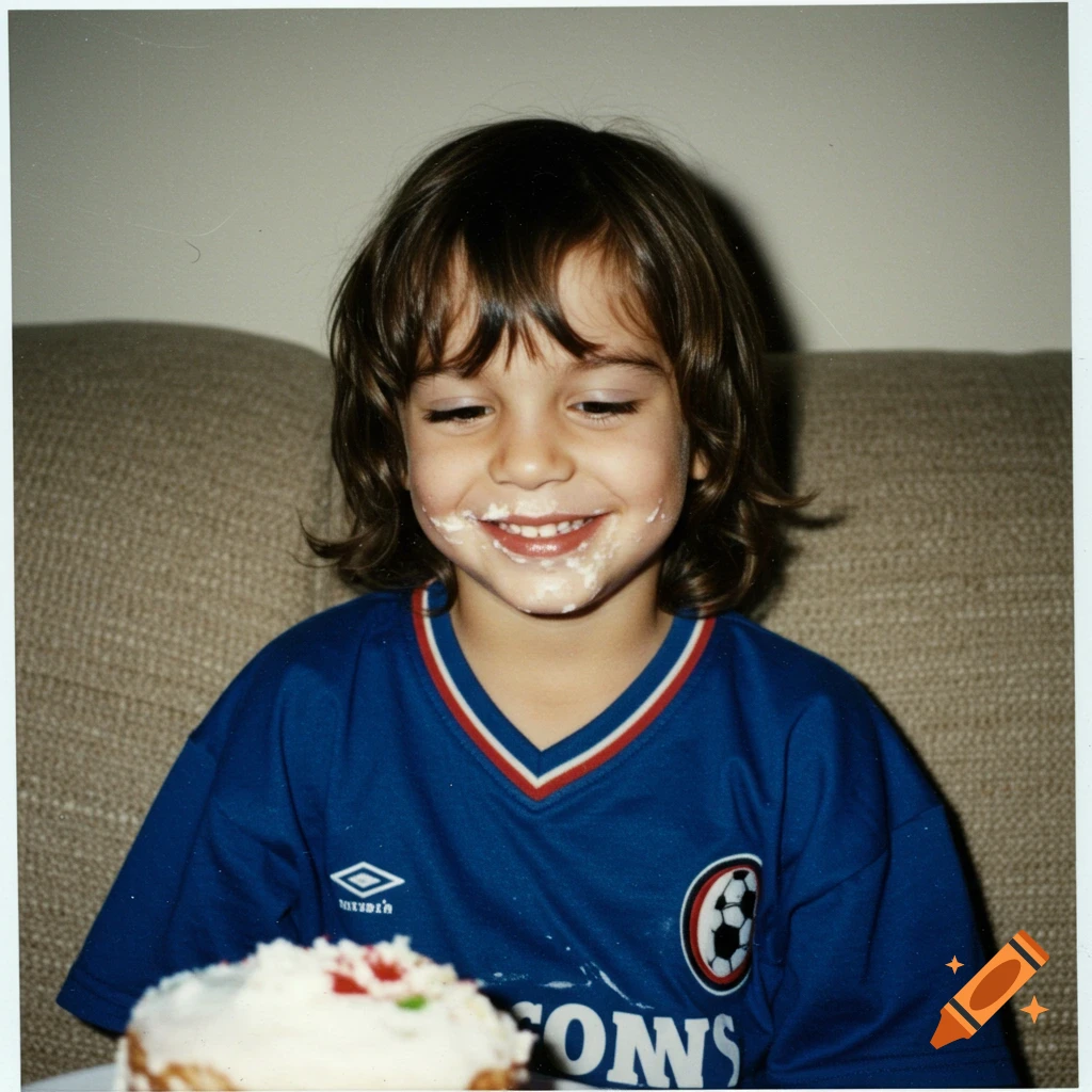 Smiling 5-year-old boy with brown hair and cake icing on his face, wearing a blue soccer jersey, looking at a cake. Polaroid photo.