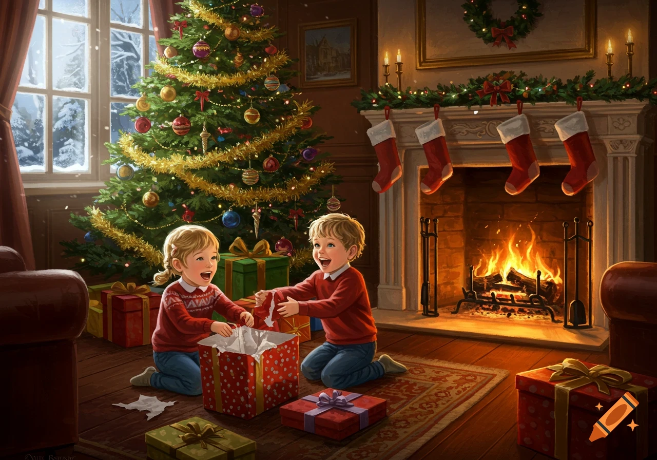 Two cheerful children unwrap gifts by a glowing fireplace and decorated Christmas tree on a snowy Christmas morning.