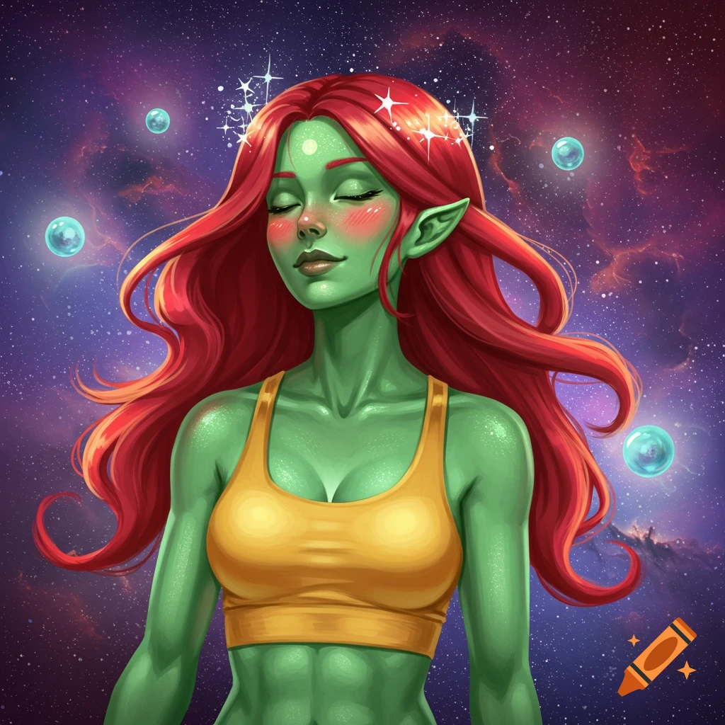 A vibrant, stylized portrait of a green-skinned alien woman with long red hair, wearing a yellow sports bra, eyes closed, against a starry cosmic background.
