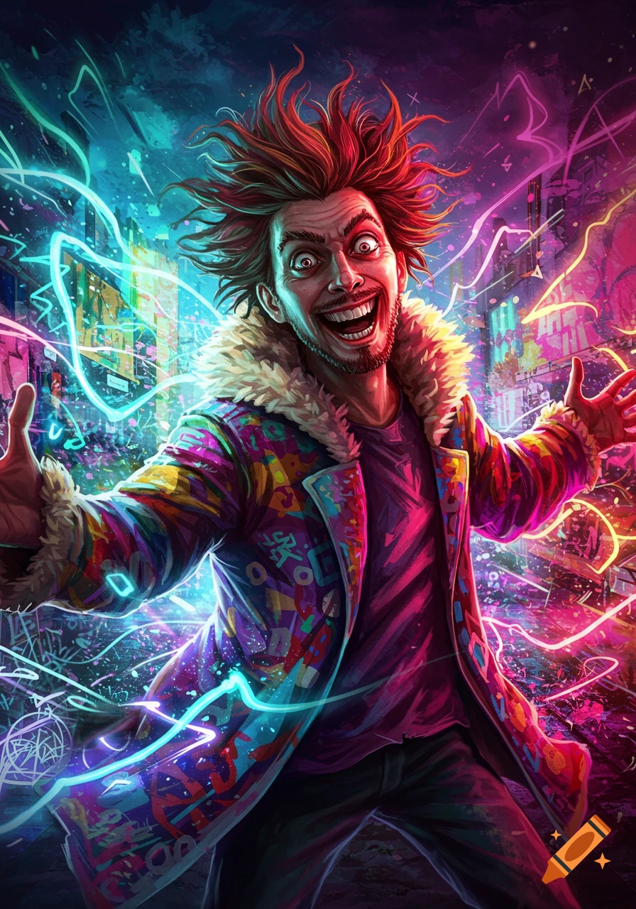 A wildly grinning man with spiky red hair and a colorful, fur-collared coat in a vibrant neon cityscape illustration.