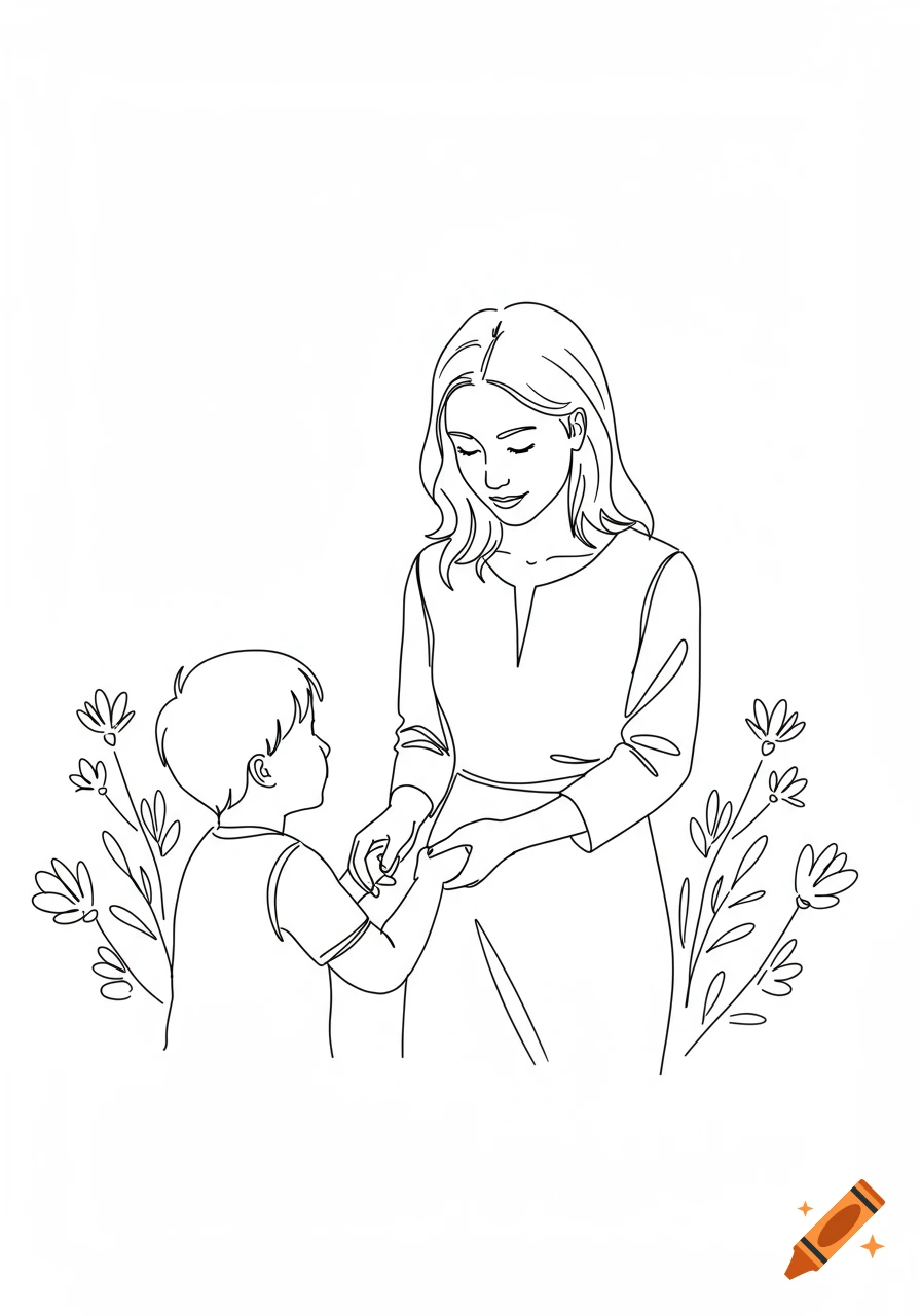 Minimalist line art illustration of a woman holding a child's hands, surrounded by flowers.