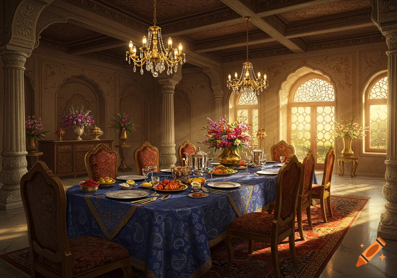 A lavish dining table set with food and flowers in an opulent palace room with ornate architecture and sunny arched windows.