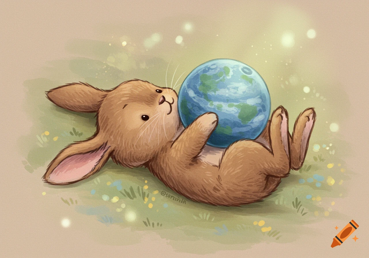 A cute brown bunny with one ear flopped, lying on its back on green grass, cradling a small blue and green Earth-like planet. Watercolor style.