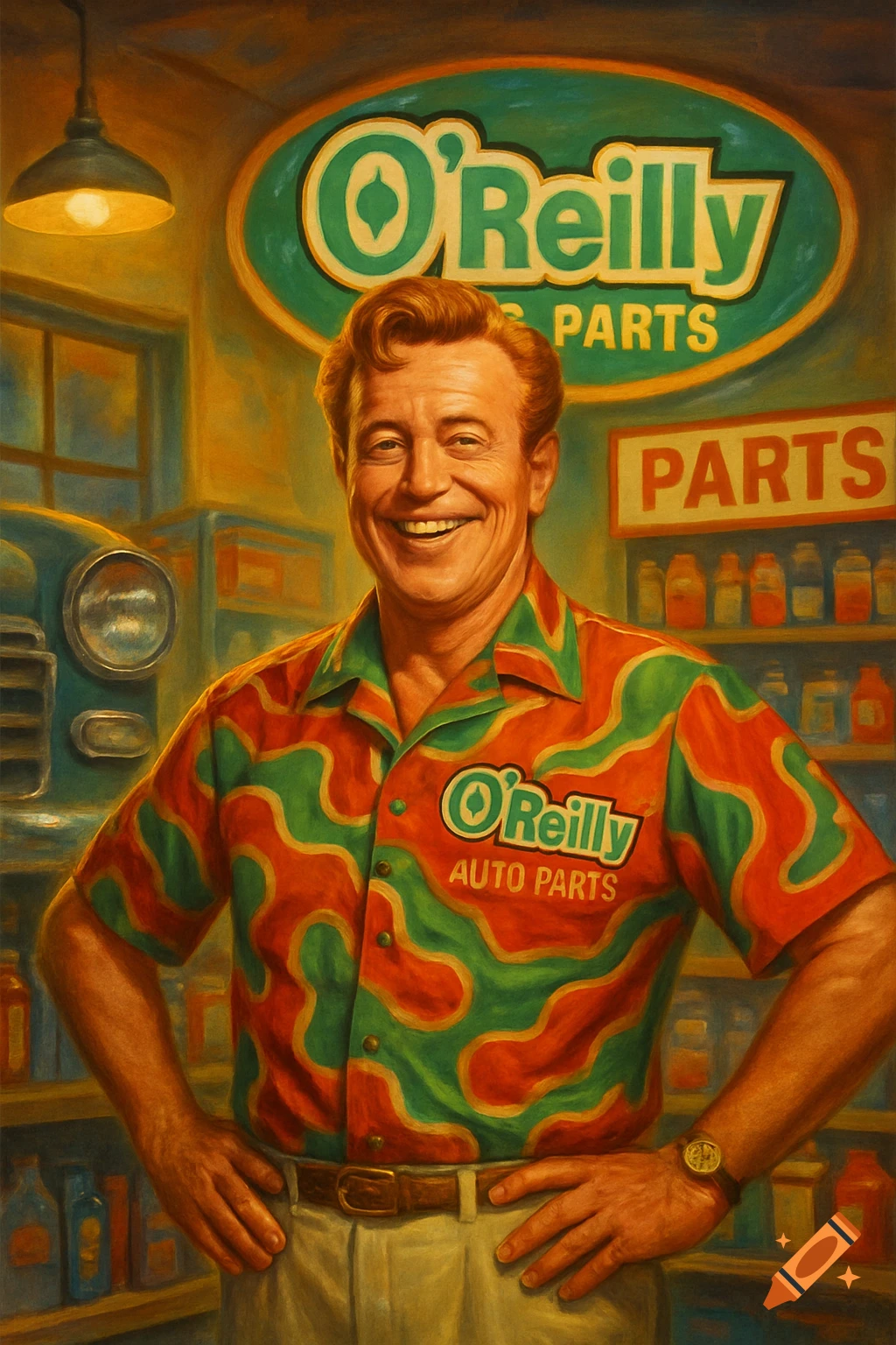 A smiling man in a colorful O'Reilly Auto Parts shirt stands in a retro auto parts store, painted in a realistic style.