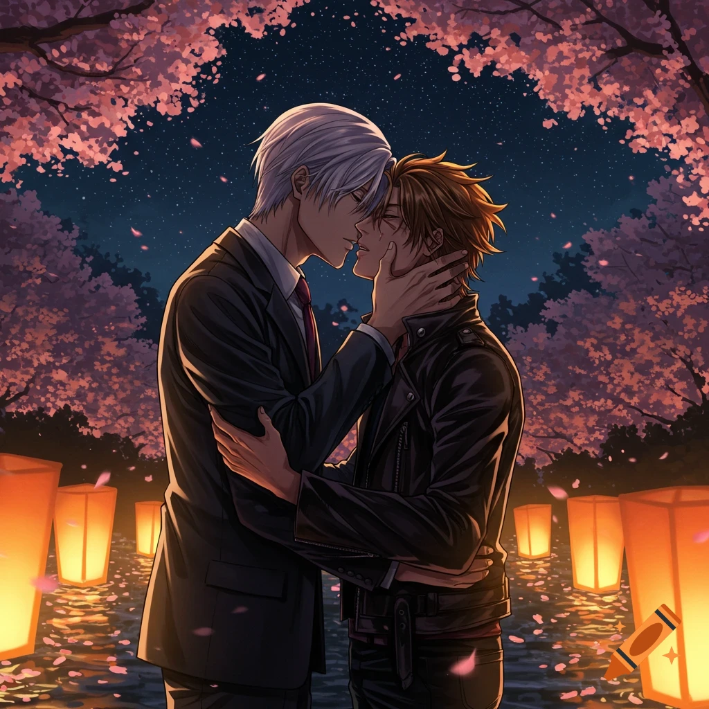 Anime style illustration of two men kissing under glowing cherry blossom trees at night, with lanterns floating on water.