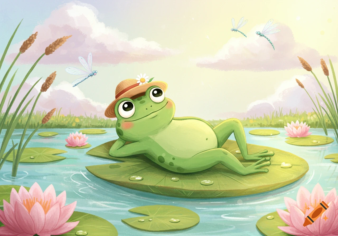 A cute cartoon frog in a straw hat with a daisy relaxes on a lily pad in a pond with water lilies and dragonflies.