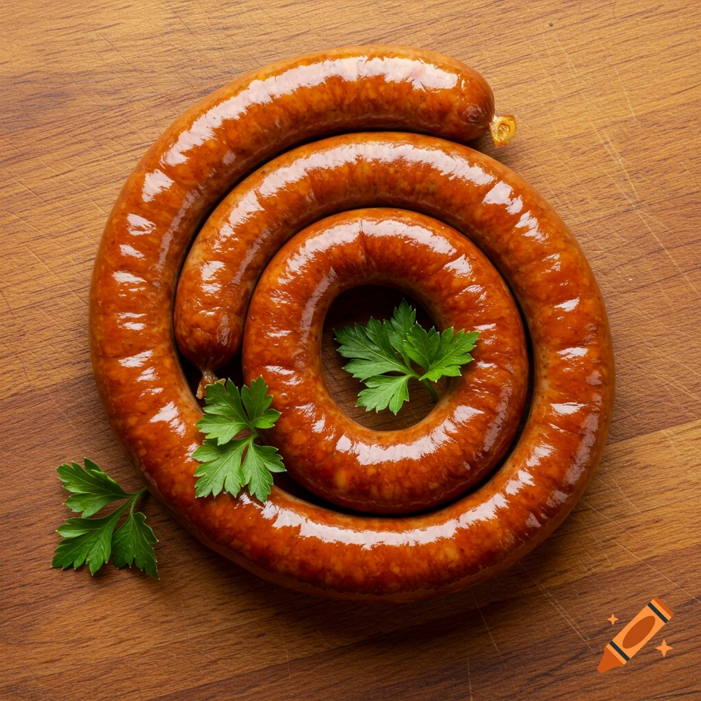A coiled, glossy brown sausage garnished with parsley on a wooden cutting board, viewed from above.