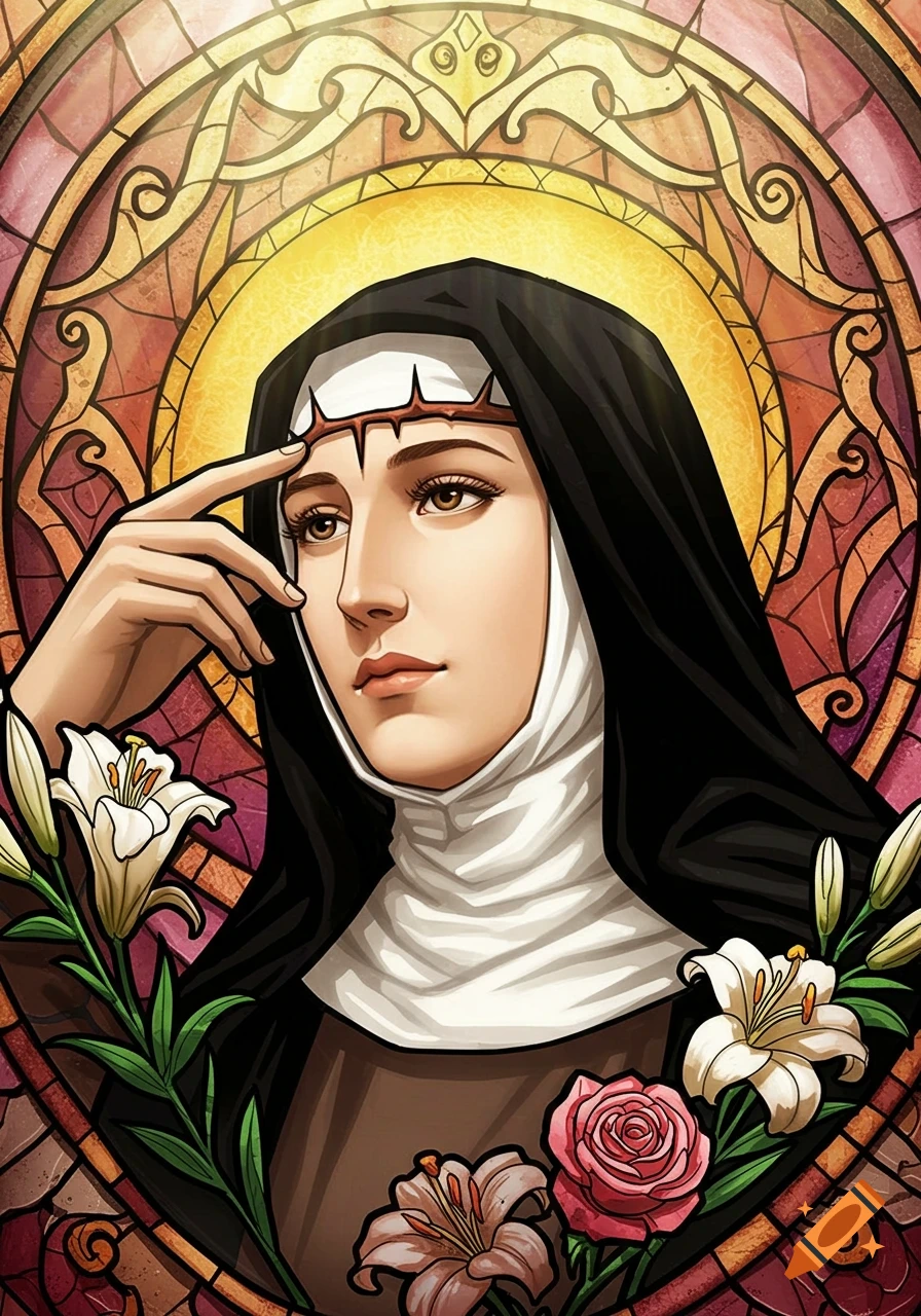 Cartoon-style illustration of Saint Rita, a nun with a crown of thorns, against a stained glass background, surrounded by lilies and roses.