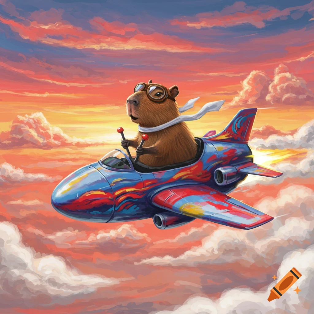 A capybara wearing pilot goggles and a scarf flies a colorful jet airplane through a vibrant sunset sky filled with clouds.