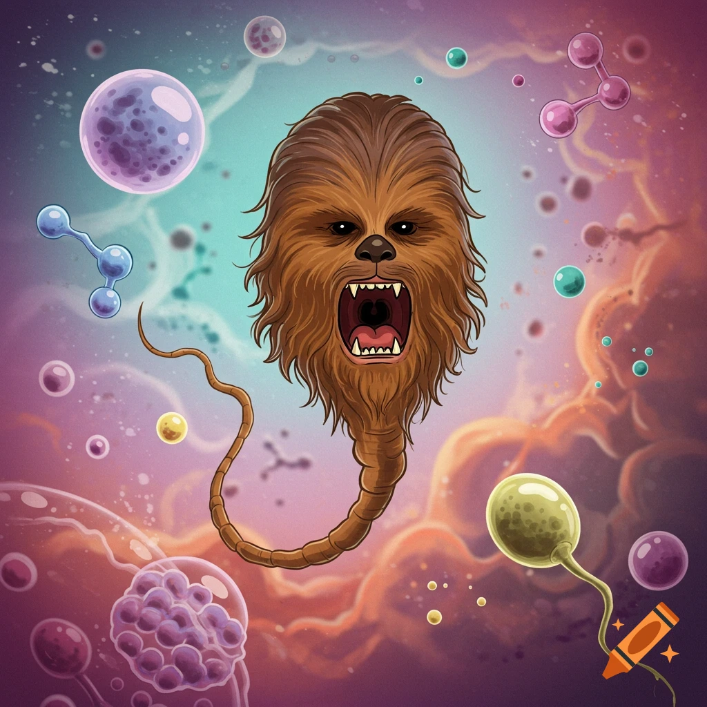 Cartoon Chewbacca-faced sperm cell howling, surrounded by other microscopic cells and molecules in a vibrant pink and blue background.