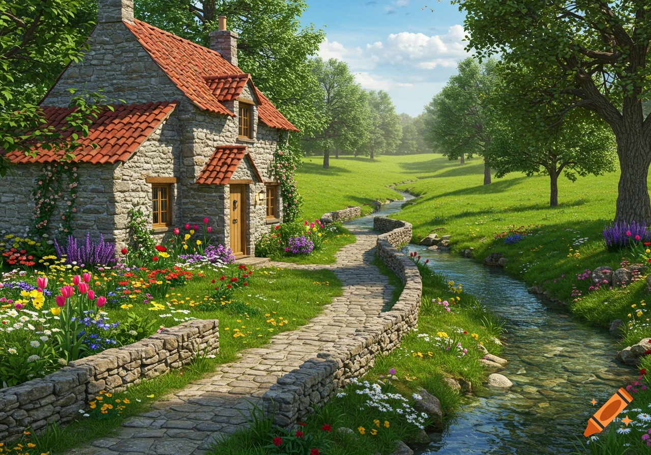 A photorealistic stone cottage with a red-tiled roof, surrounded by a vibrant flower garden, a winding stone path, and a clear stream under a blue sky.