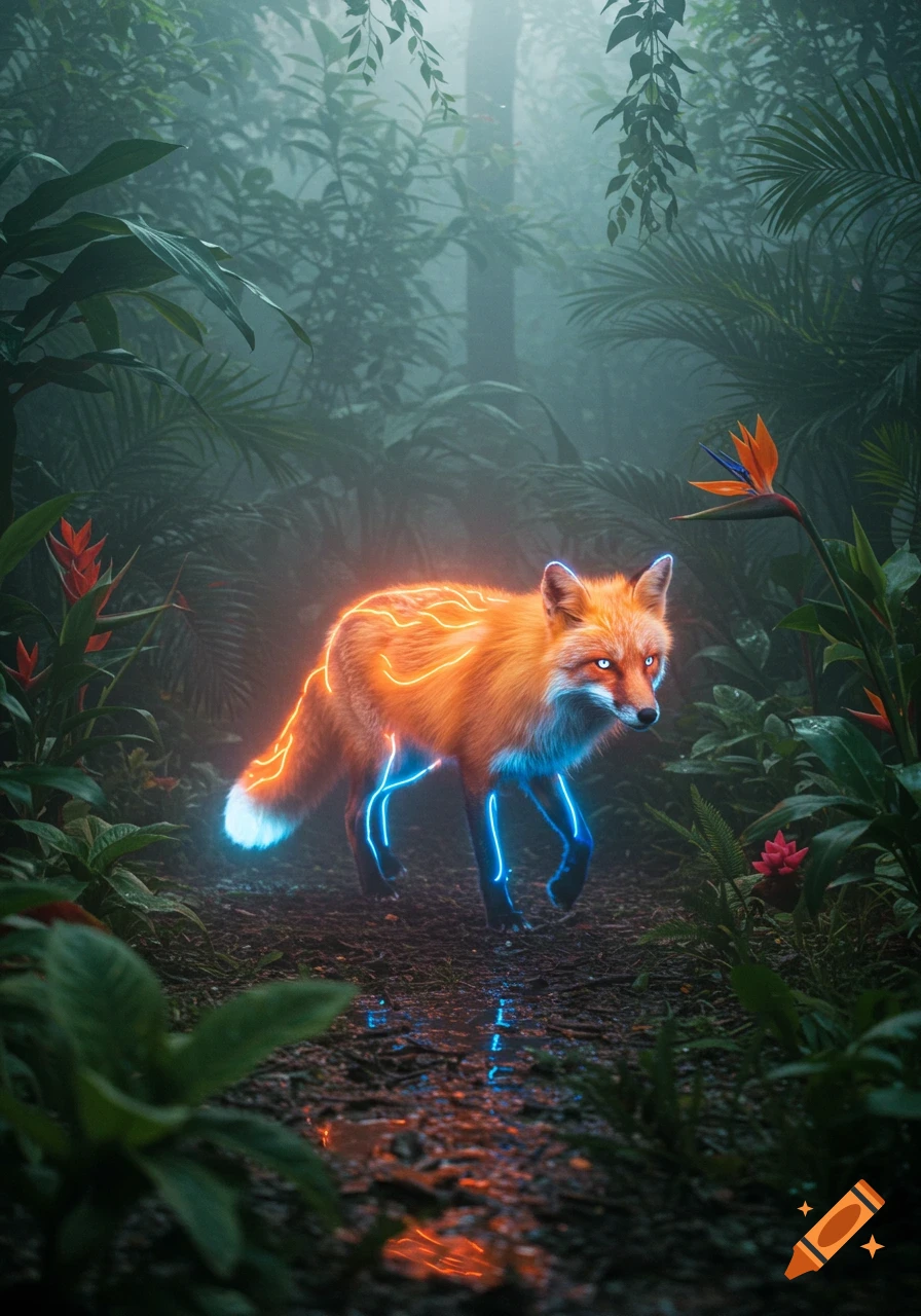 A photorealistic glowing neon fox with orange and blue light walks through a misty tropical rainforest.