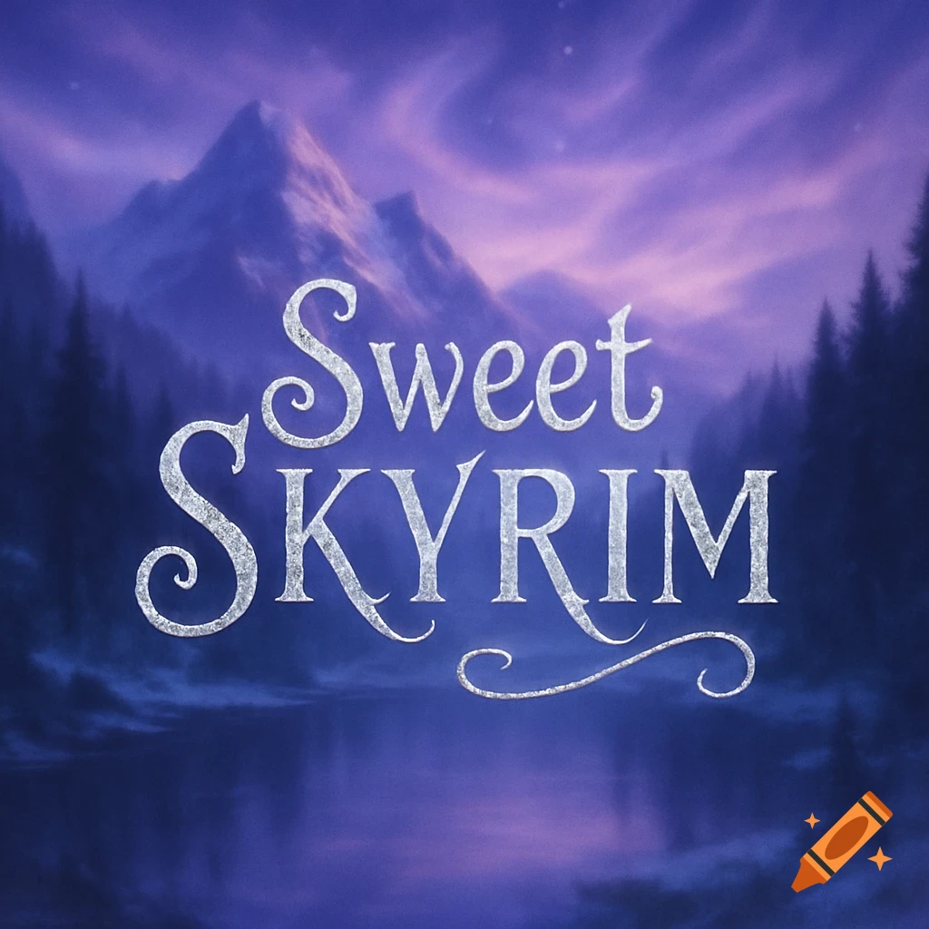 Stylized purple mountain landscape with a lake at night, featuring "Sweet Skyrim" in sparkling ornate text.