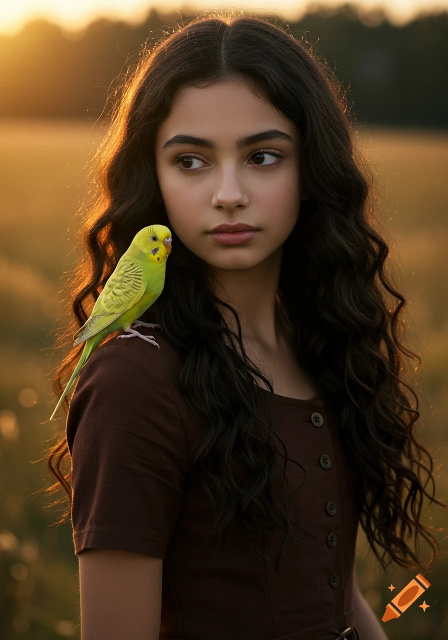A hyperrealistic photo of a teenage girl with long dark hair and a yellow budgie on her shoulder, backlit by a golden sunset.
