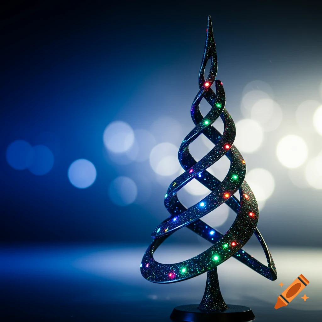 A sparkling, dark abstract Christmas tree with colorful lights against a blue and white bokeh background.