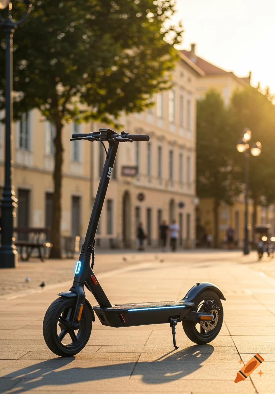 A black electric scooter with its lights on, parked on a sunlit paved street in a city, with buildings and trees in the background.