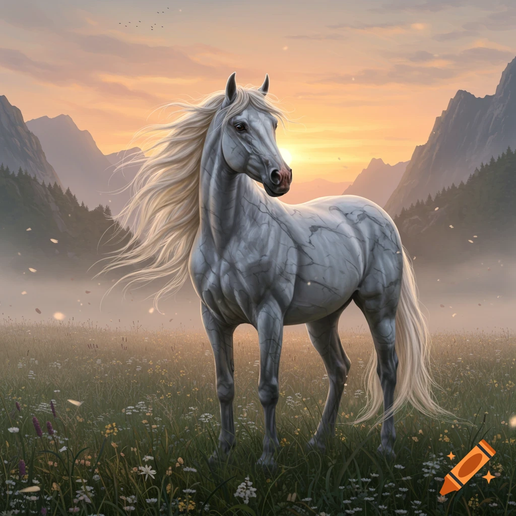 A white marble-textured horse stands in a wildflower meadow with mountains at sunset.
