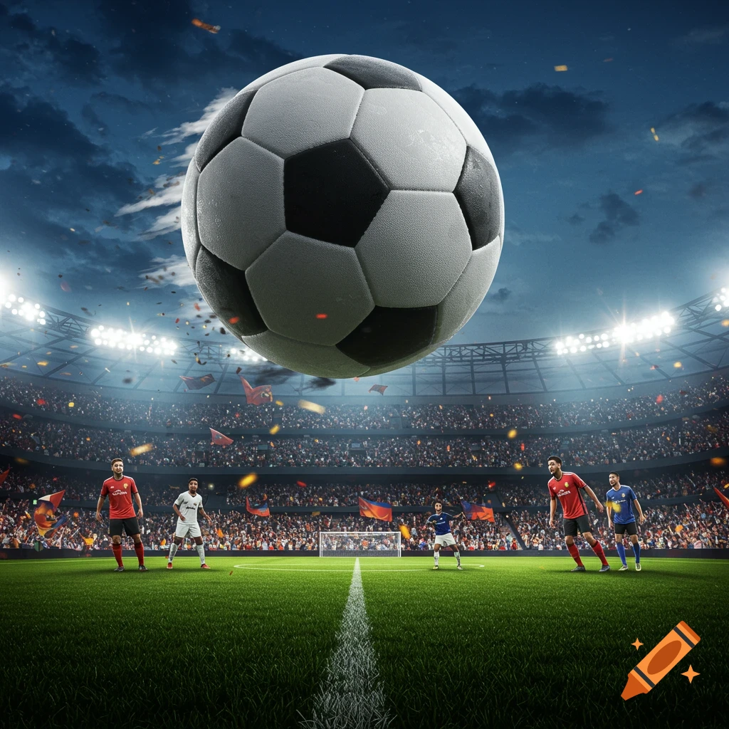 A giant soccer ball hovers above a brightly lit stadium field with players and a cheering crowd under a dark sky.