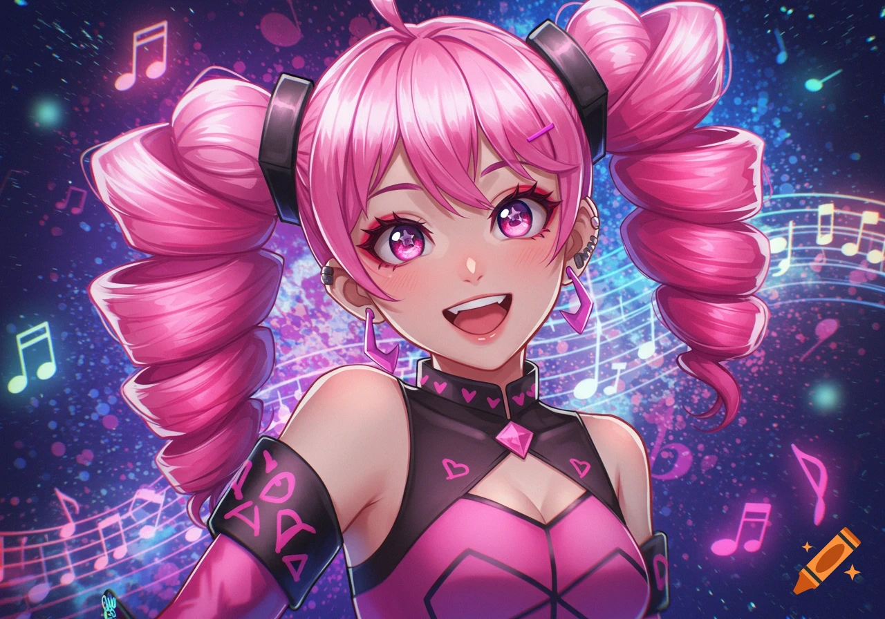 Close-up of a cheerful anime girl with bright pink pigtails and eyes, wearing a pink and black outfit, surrounded by musical notes.