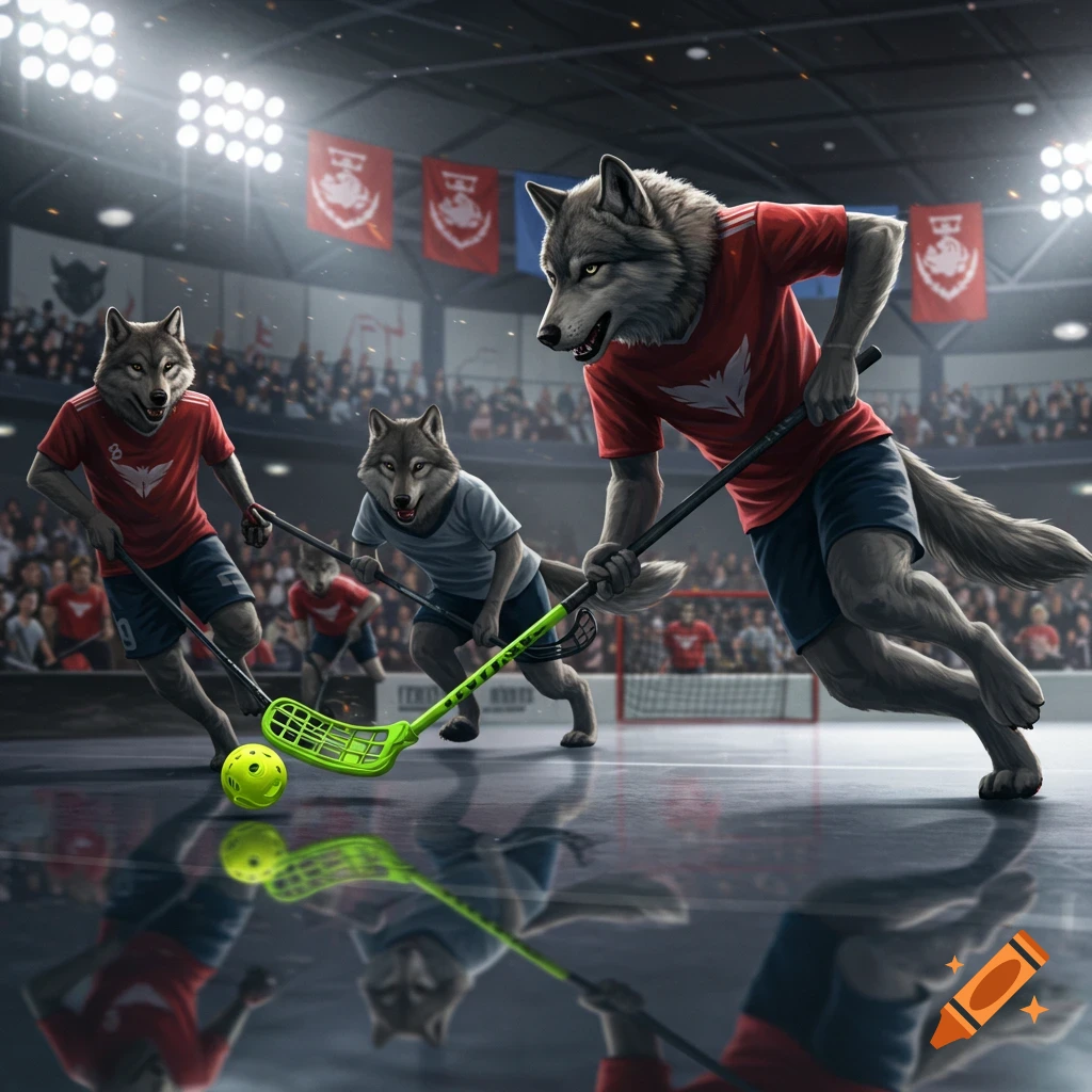 Three anthropomorphic wolves play floorball on a court in a brightly lit indoor stadium.