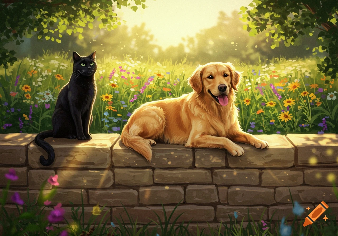 A black cat and a golden retriever on a stone wall in a sunny field of wildflowers, digital painting style.