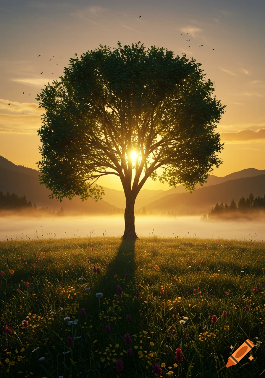 A lone tree silhouetted against a golden sunrise over a misty field with distant mountains and birds flying in the sky.
