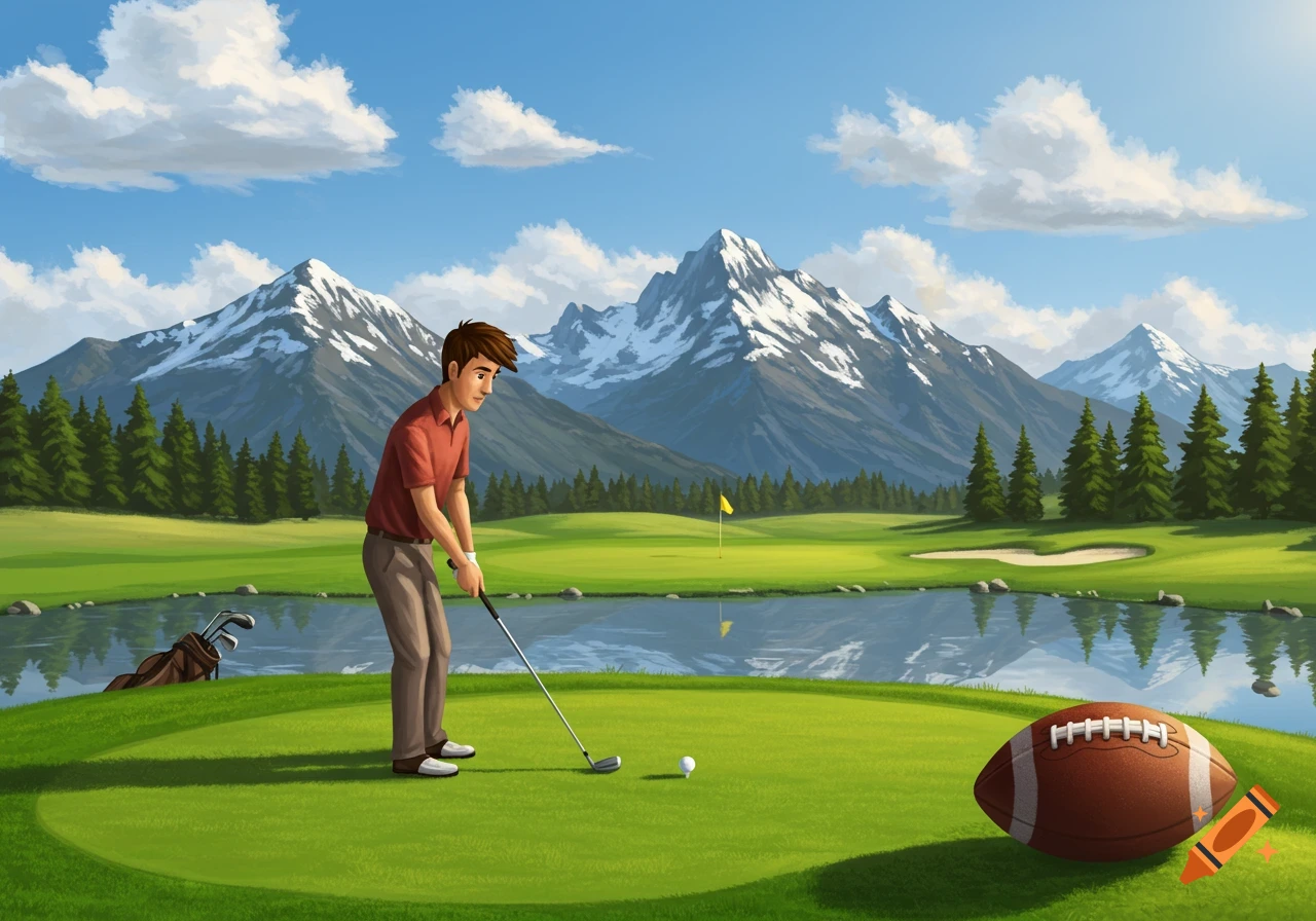 An illustration of a man golfing on a green with a football nearby, a lake, pine trees, and snow-capped mountains under a blue sky.