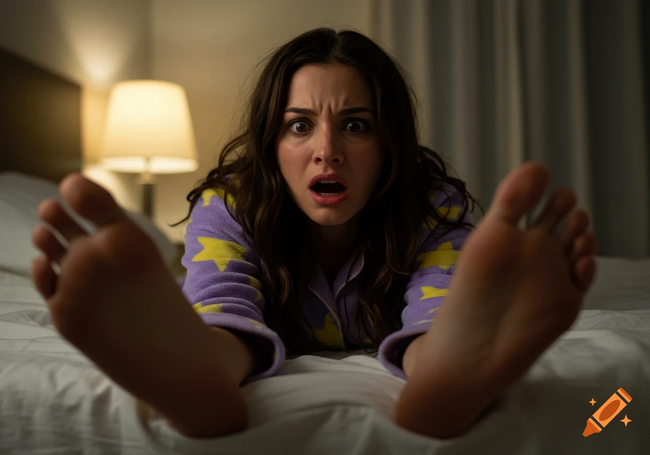 A woman in pajamas lying in bed with a shocked expression, her bare feet prominent in the foreground.
