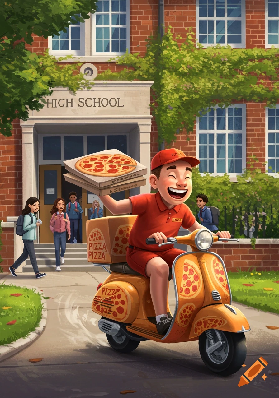 A cheerful cartoon pizza delivery person on a scooter, holding a pizza box, in front of a high school with students.