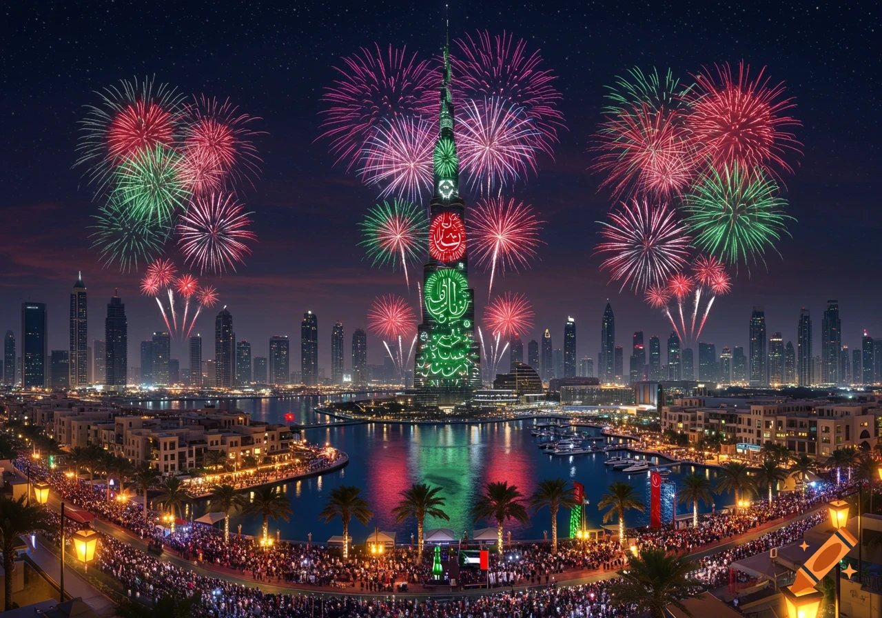 A night view of Dubai with the Burj Khalifa illuminated in red and green with Arabic calligraphy, surrounded by colorful fireworks. Crowds gather along the waterfront.
