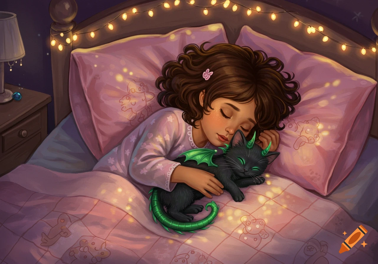 Illustrated brunette girl sleeps in a pink bed, cuddling a black kitten with green dragon wings and horns, under string lights.