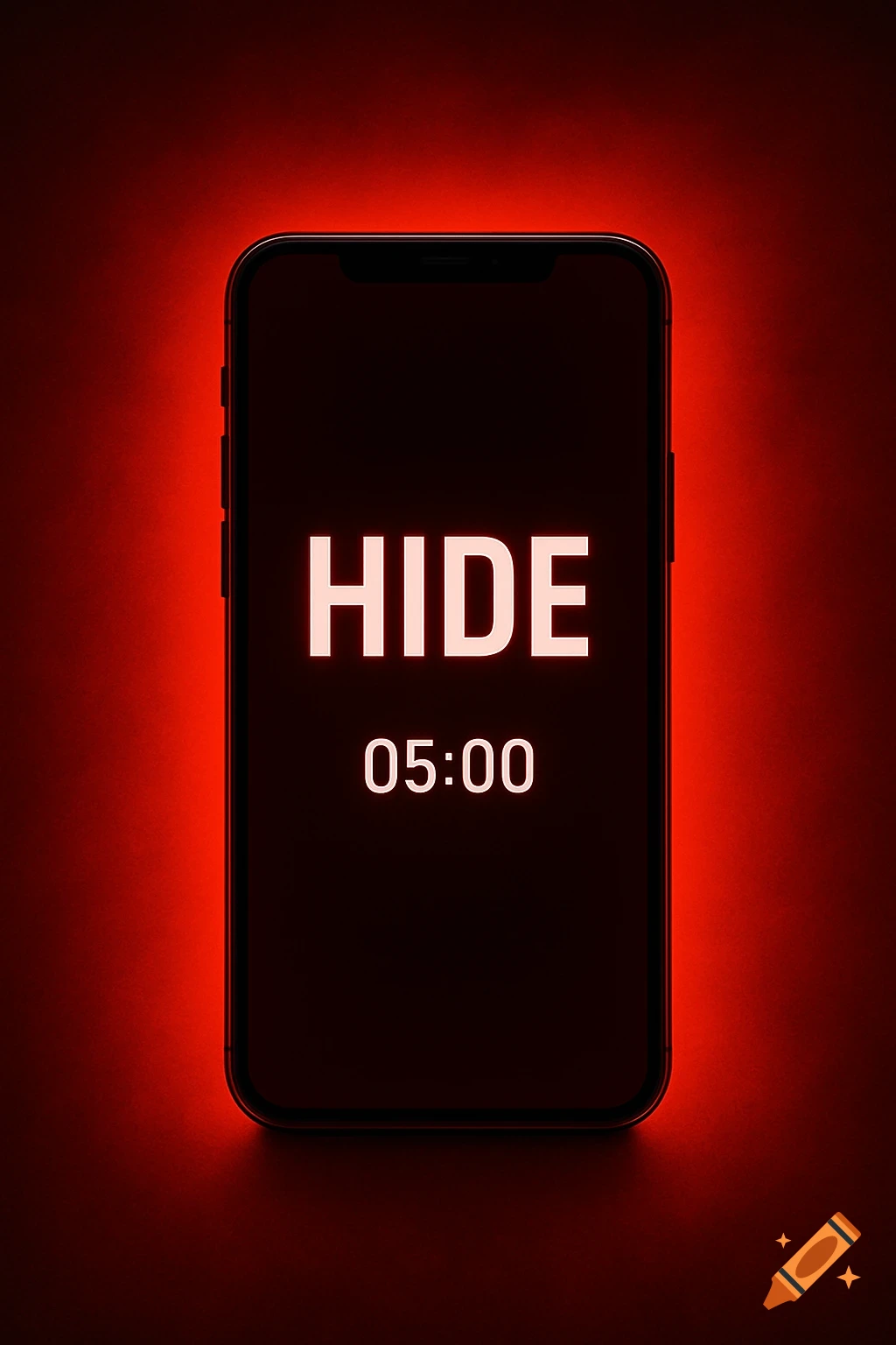 A smartphone screen displaying 'HIDE' and '05:00' against a dark background with a red glow.