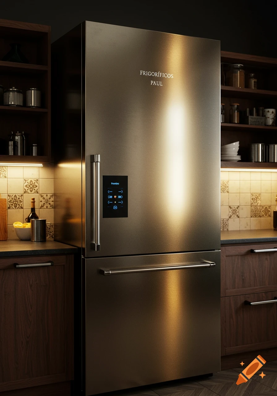 Photorealistic stainless steel refrigerator in a warmly lit kitchen with wooden cabinets and a tiled backsplash.
