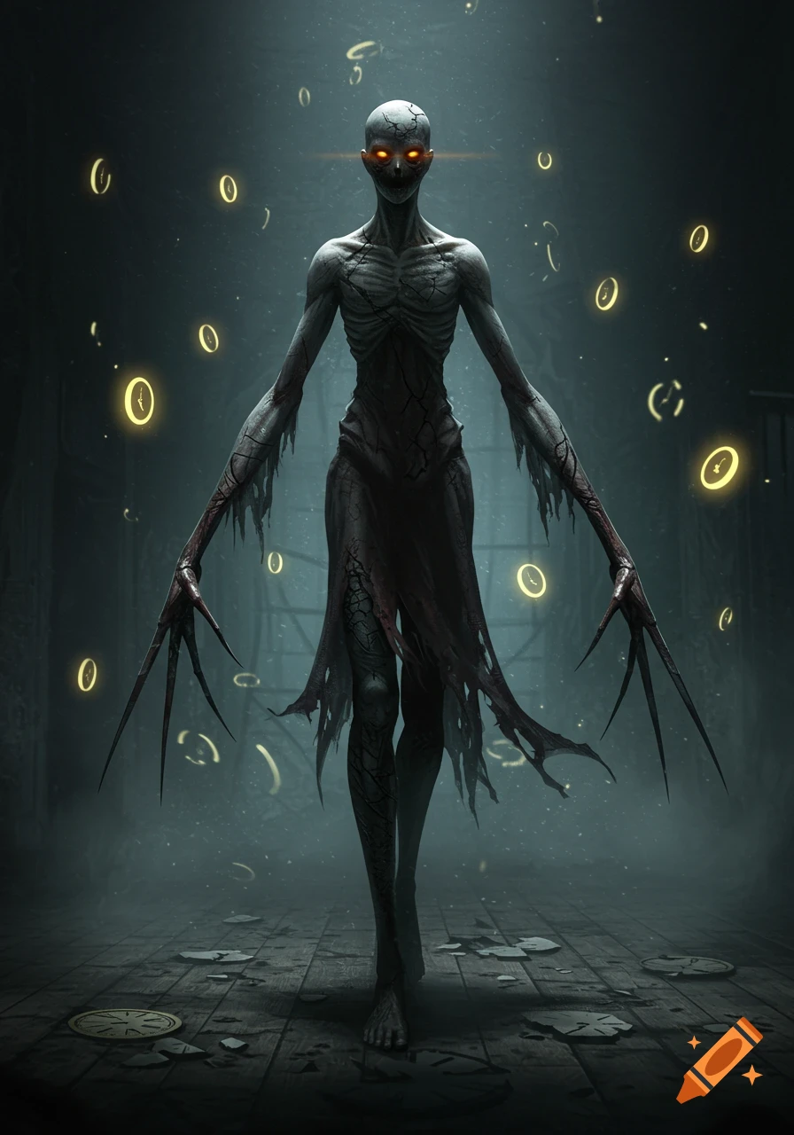 A tall, gaunt, cracked humanoid monster with glowing orange eyes and long, sharp metallic claw-like hands stands in a dim, misty room with floating clock symbols.