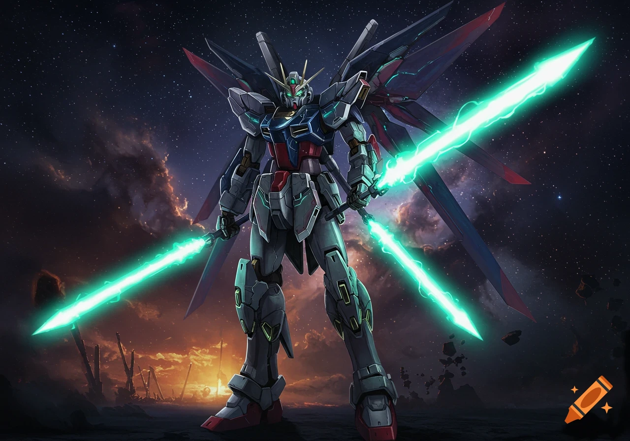 Anime-style mech with large wings and two glowing green swords stands on a desolate planet under a starry sky.