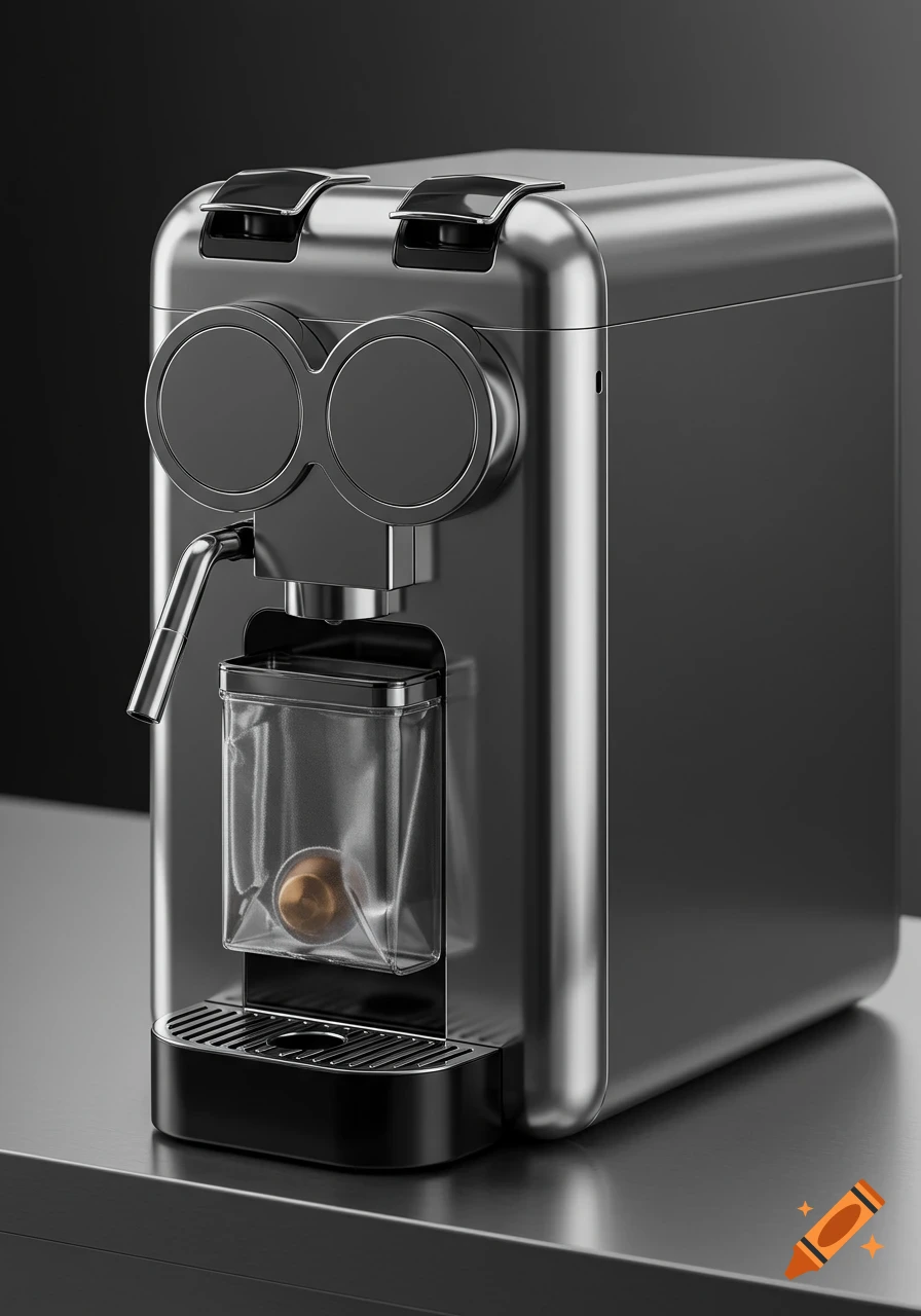 A sleek, modern metallic coffee machine with two circular elements on the front and a transparent container holding a coffee capsule.