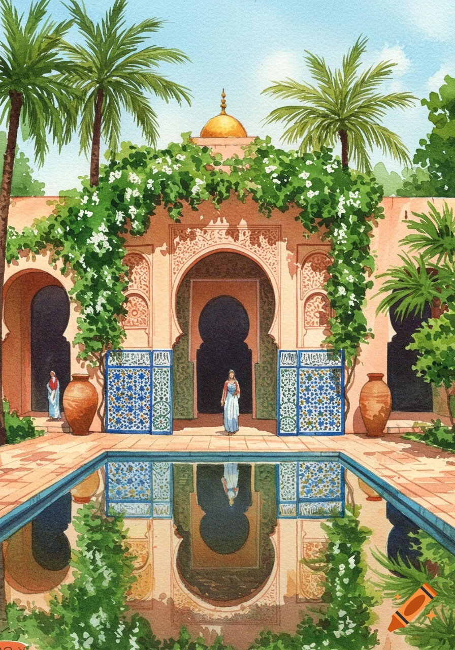 A watercolor painting of a Moroccan courtyard with a central pool reflecting archways, lush greenery, and two figures in traditional dress.
