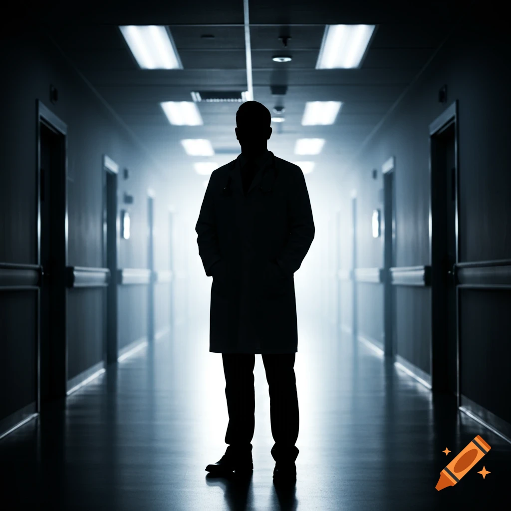 Dark silhouette of a doctor standing in a brightly lit hospital corridor.