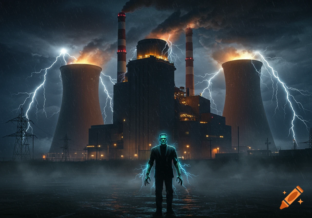 Frankenstein's monster with glowing blue hands stands before a stormy industrial power plant, with lightning strikes.