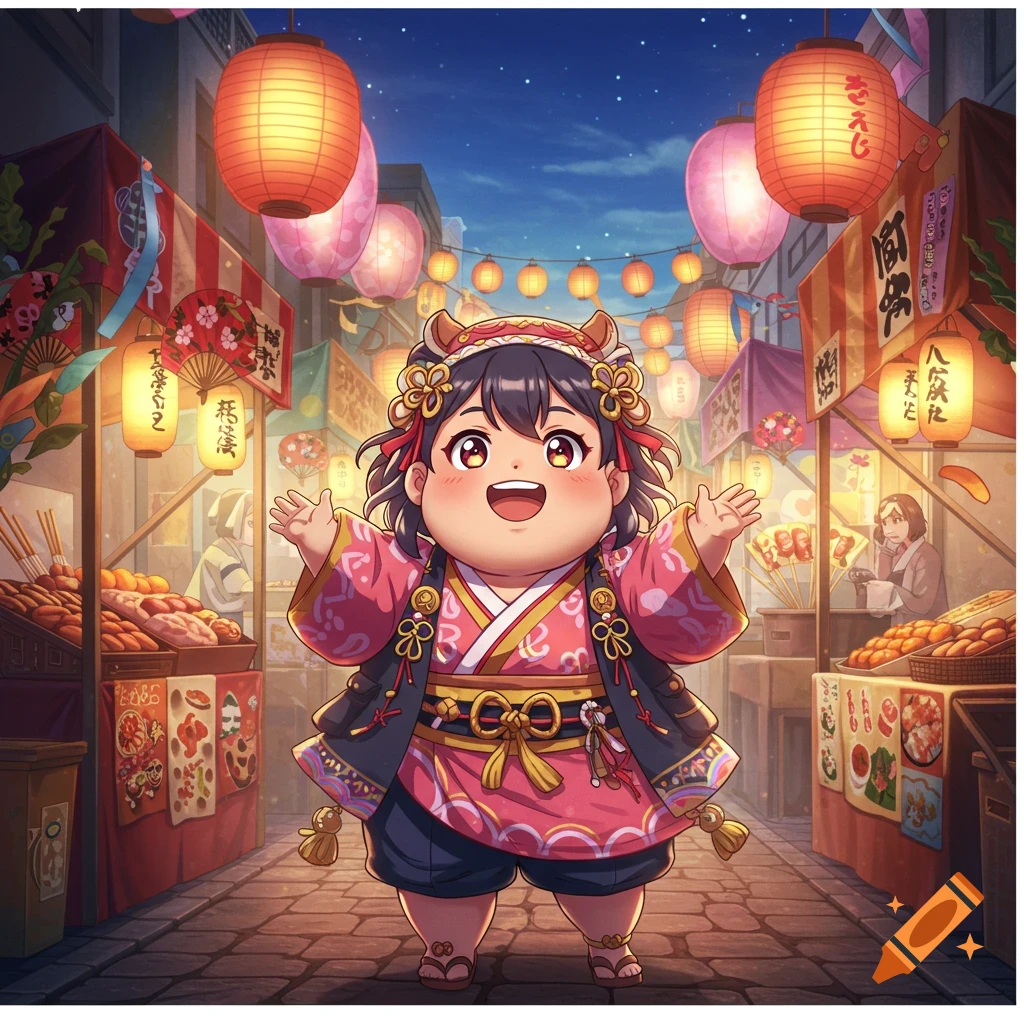 A smiling, chubby anime girl in a pink kimono stands in a vibrant Japanese festival market at night, lit by many lanterns.