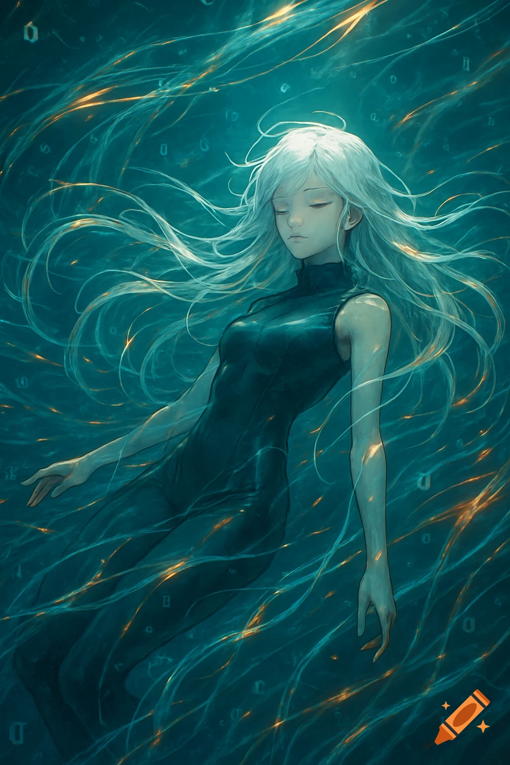 Anime woman with long white hair floats calmly in a teal digital ocean with glowing orange cables and data streams.