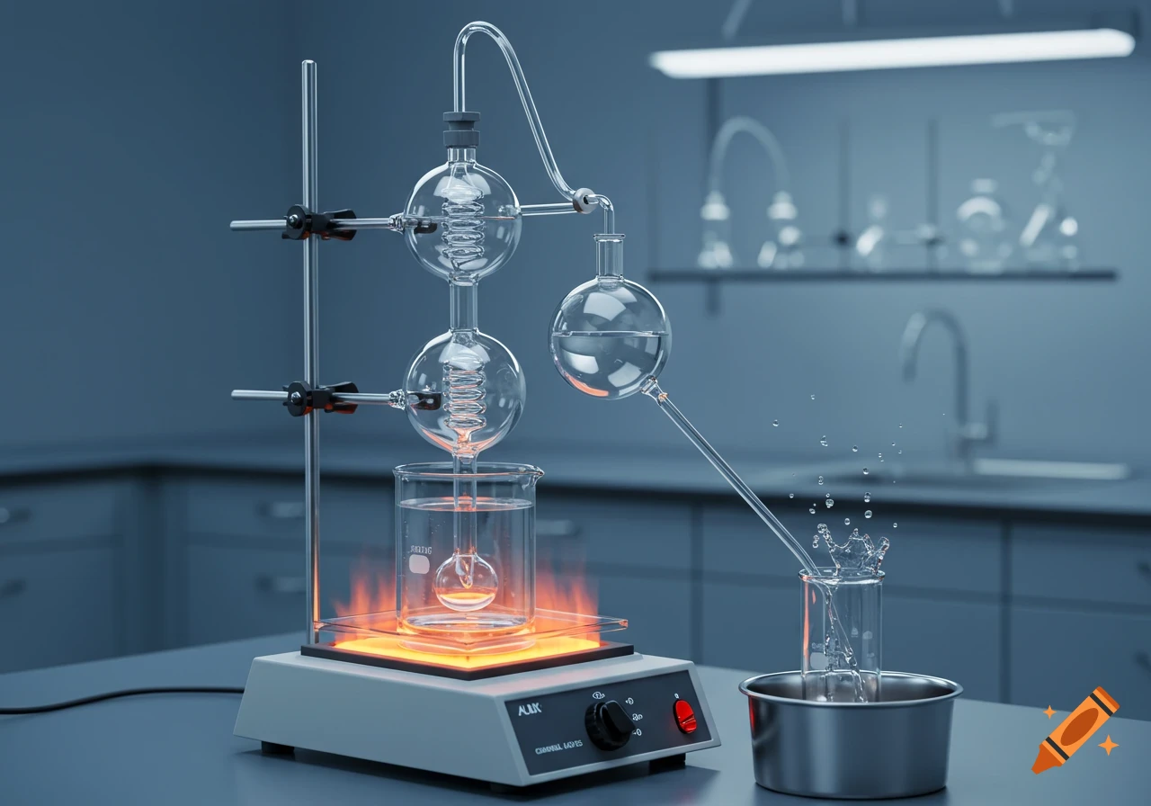 A photorealistic chemistry lab setup features a distillation apparatus with water flowing through a condenser, heated beaker, and splashing water.