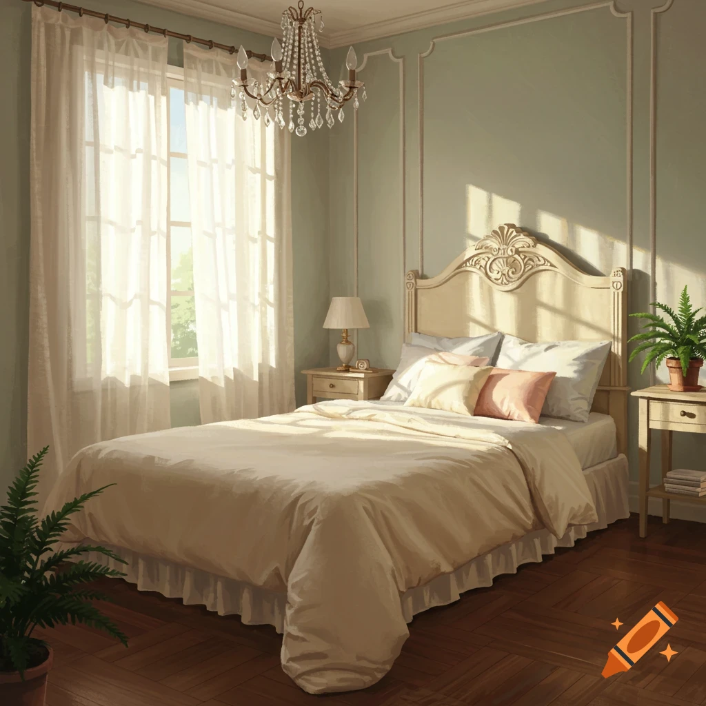 A bright, elegant bedroom with a large bed, two nightstands, a lamp, and a chandelier, illuminated by sunlight.