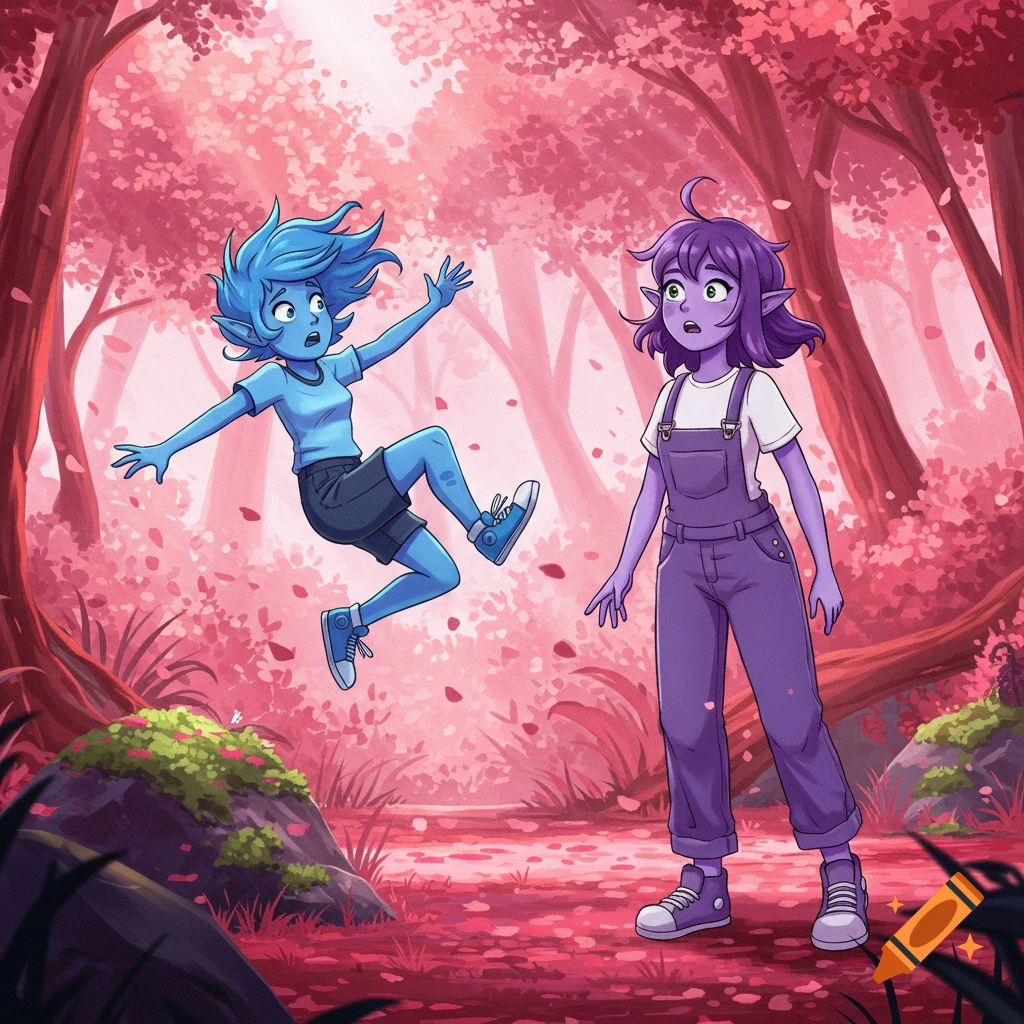 Blue character falling after tripping, purple character watches in surprise in a pink anime fantasy forest.