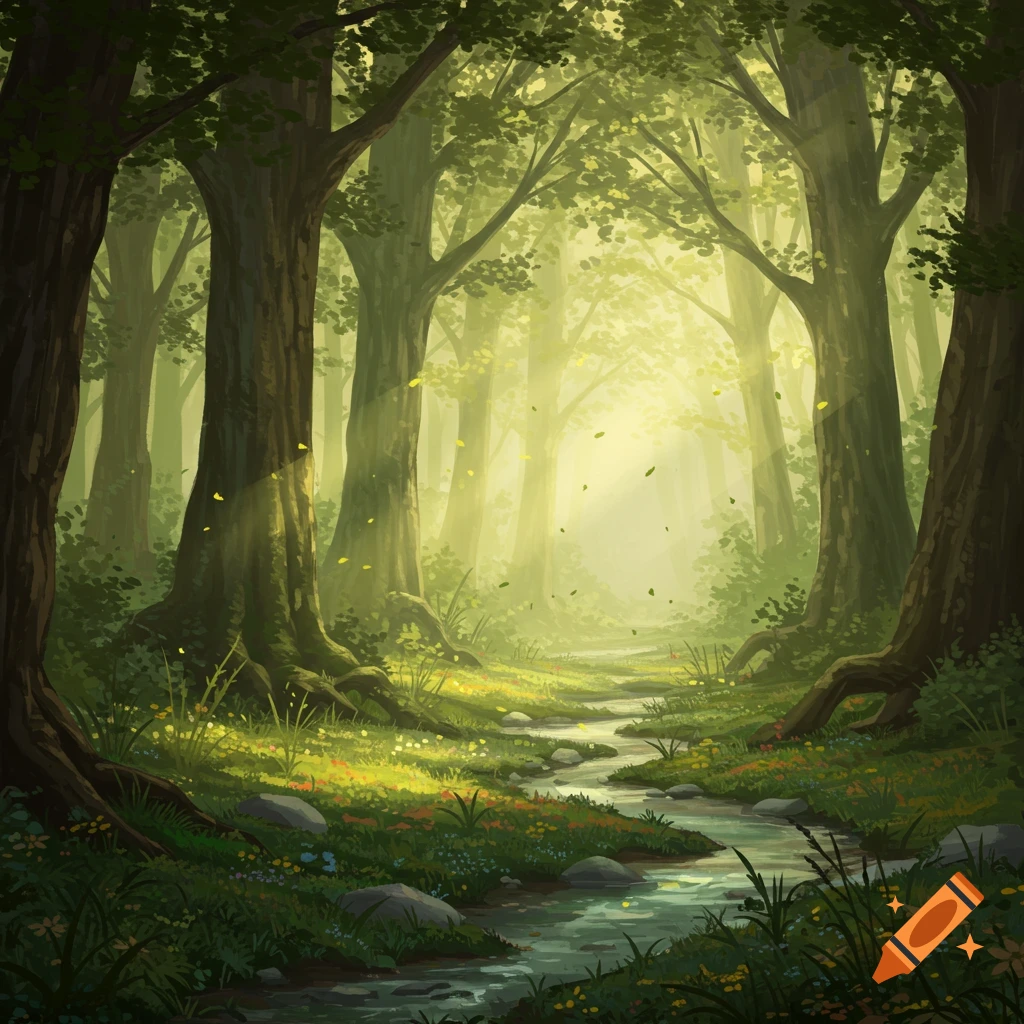 A lush, sunlit forest with tall trees and a winding stream flowing through green foliage, illuminated by light rays.
