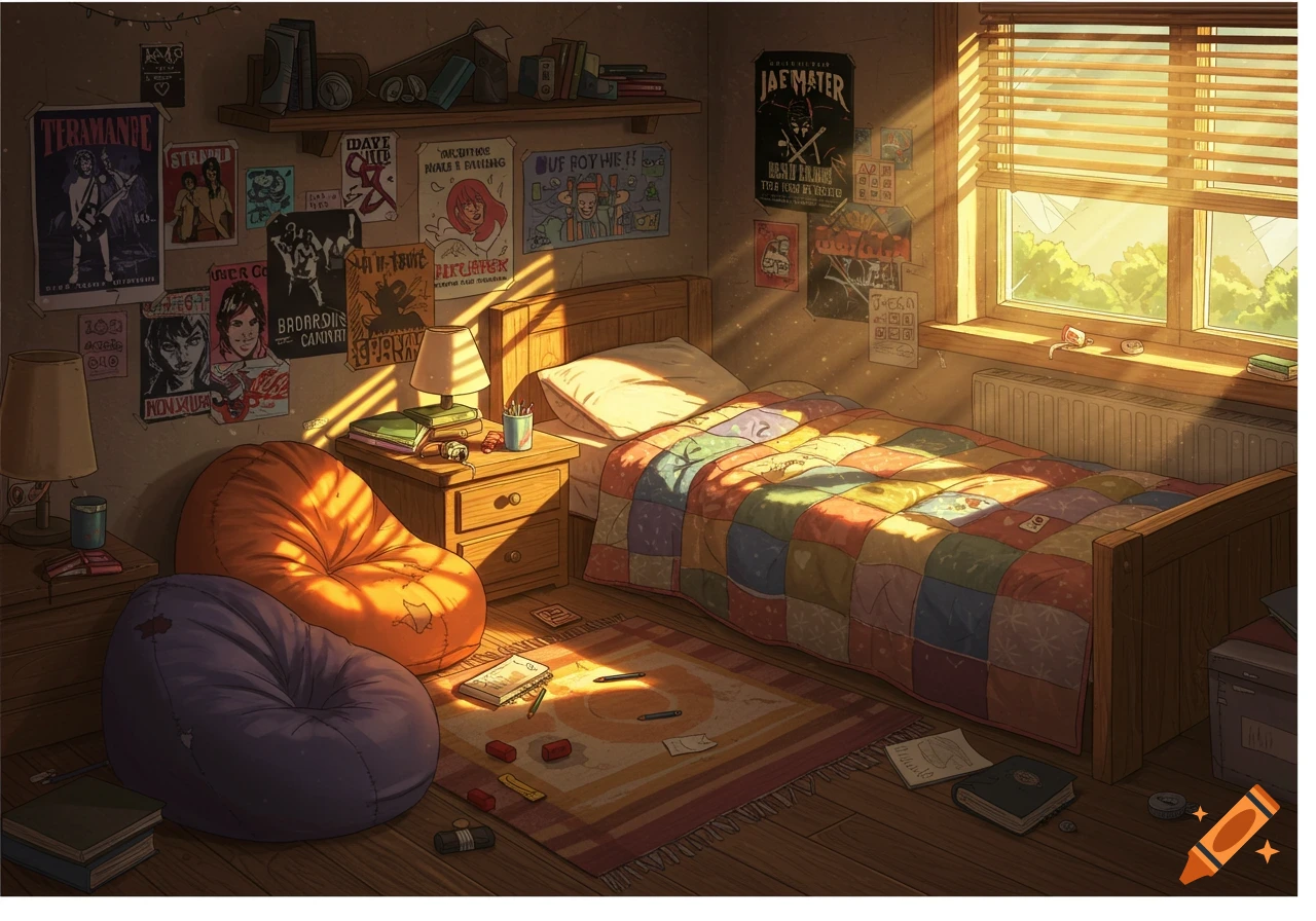 A detailed, sunlit illustration of a messy teenager's bedroom with a patchwork quilt, beanbags, and many posters on the walls.