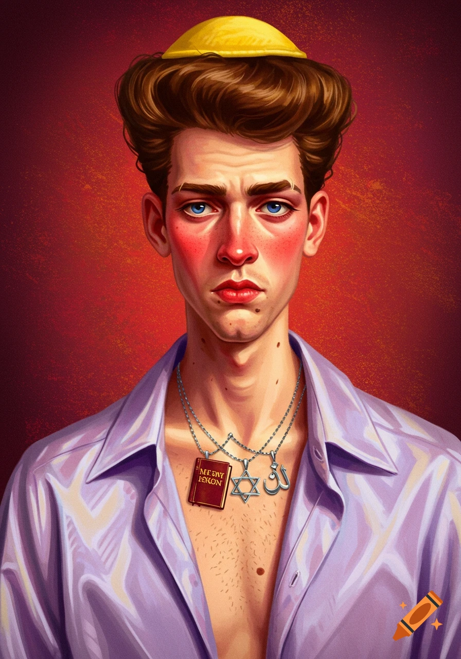 A stylized portrait of a man with a pompadour, rosy cheeks, and a yellow kippah. He wears an open purple shirt and three silver necklaces with a book, a Star of David, and the Arabic Allah symbol.